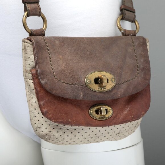 FOSSIL Mason Leather Crossbody Bag Two Tone Sling Purse Bag Brown Cream Small - Picture 4 of 16